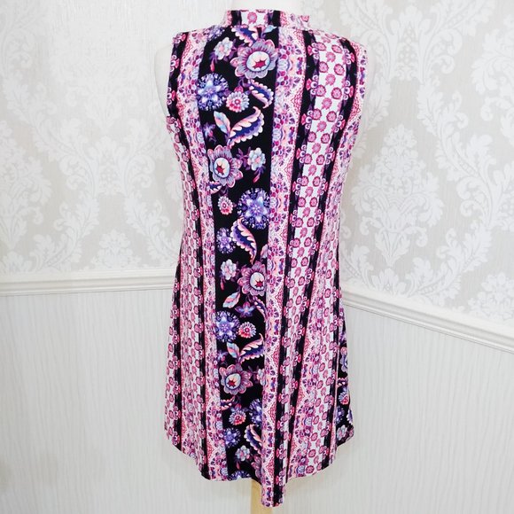 Pink Rose High Neck Sleeveless Artsy Floral Prints Trapeze Dress Y2K Kawaii - Picture 3 of 4